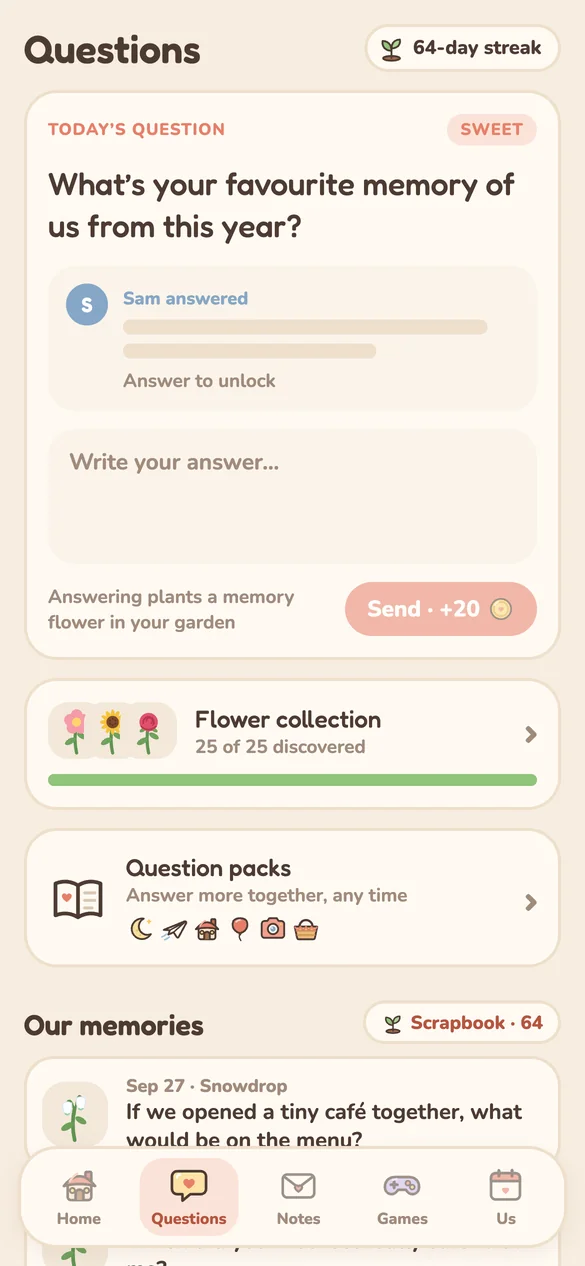 Crescent Questions screen: Today’s question and your memories