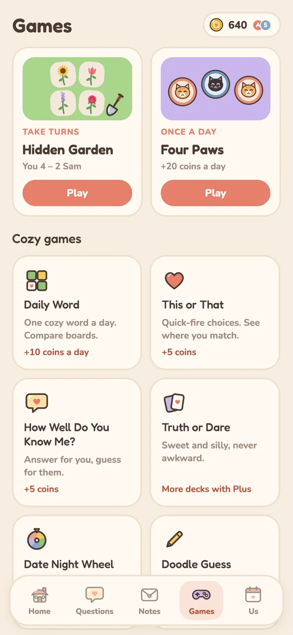 Crescent Games screen: Cozy games for two