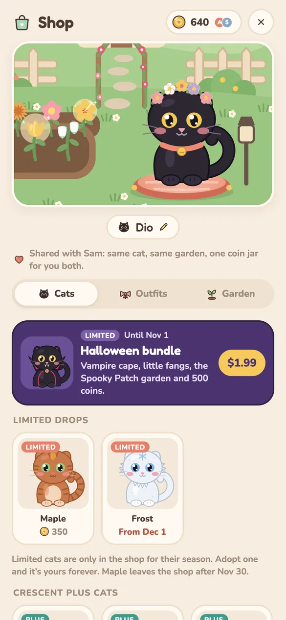 Crescent Shop screen: Cats, outfits and garden themes