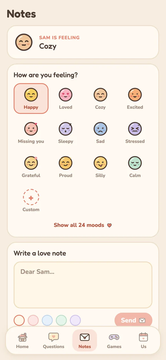 Crescent Notes screen: Moods and love notes
